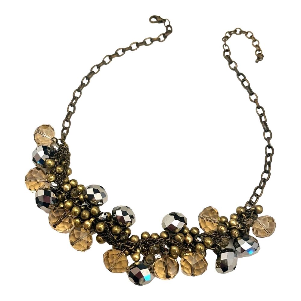 New Gold Tone Beaded Dangle Necklace Faceted Glass Statement - 5I